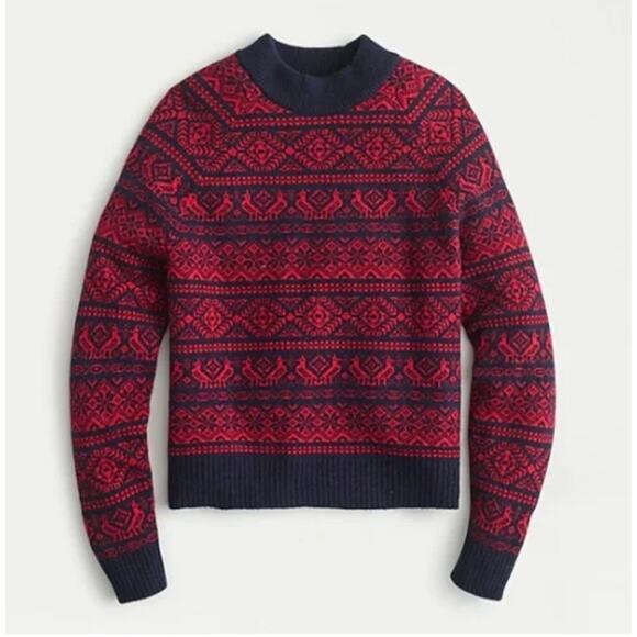 J Crew Cheerful Fair Isle Mock Neck Lambs Wool Sweater Red Blue XS Extra Small - Picture 2 of 10